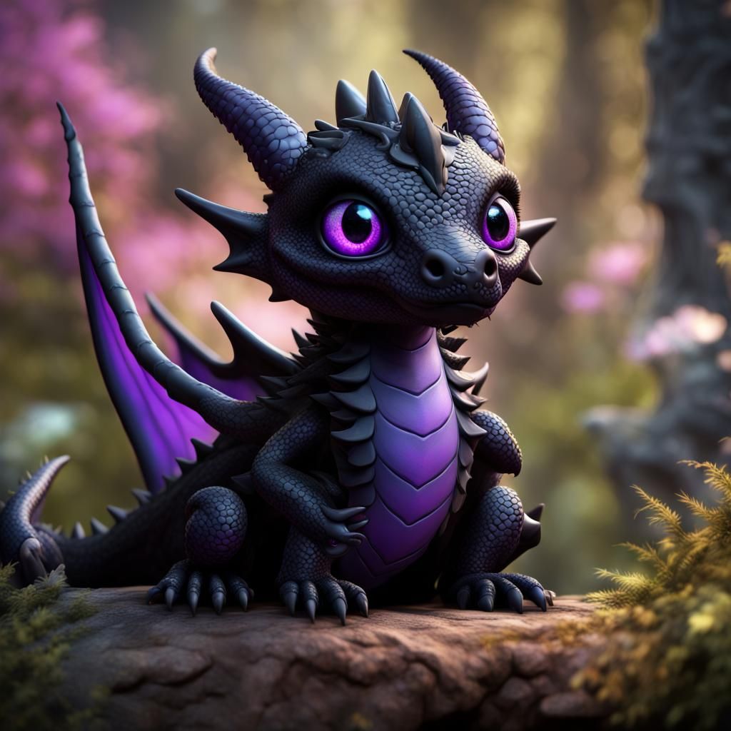Cute Black Dragon with Purple Eyes