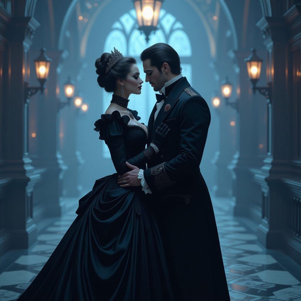 Intimate Vampire Couple in Victorian Attire