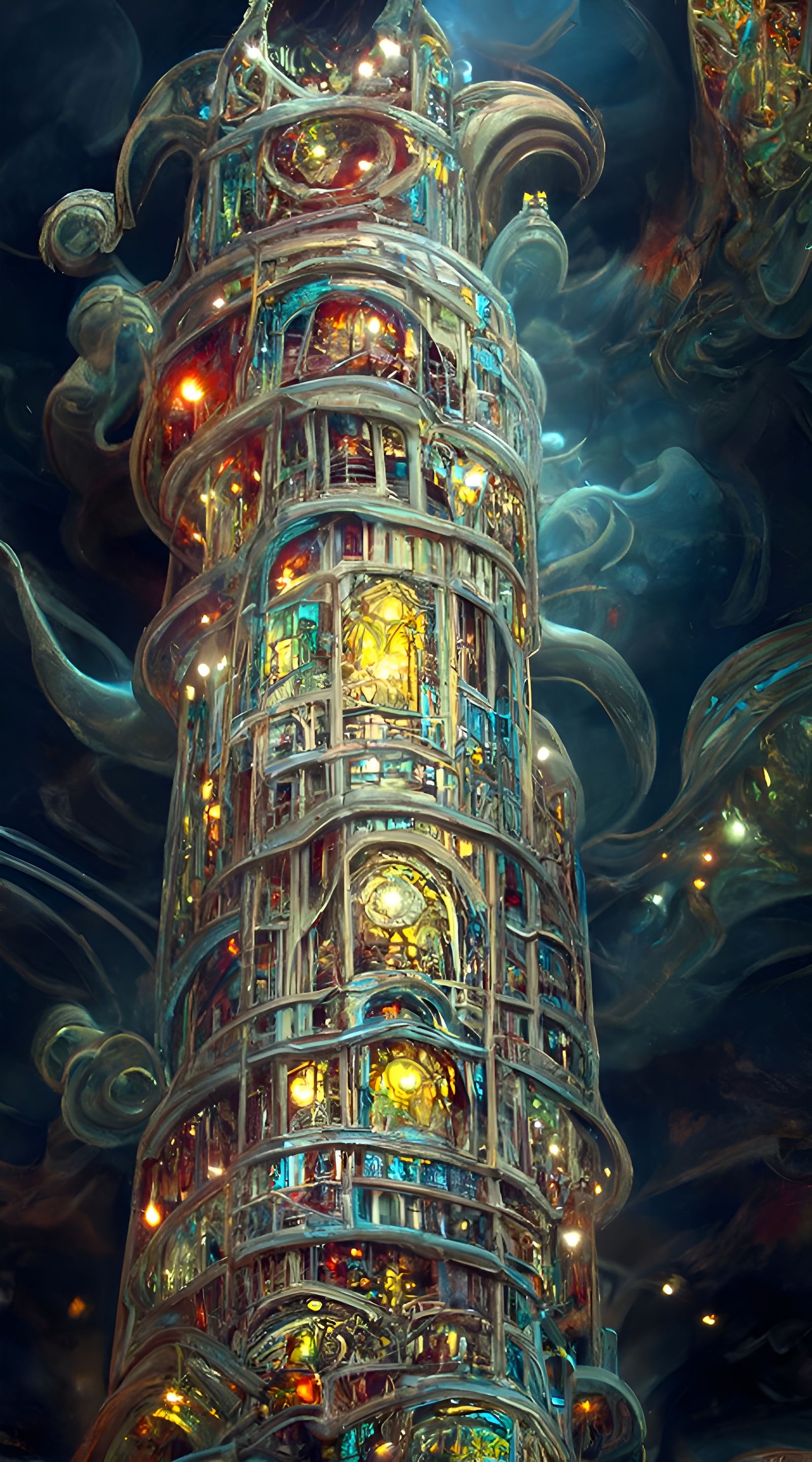 Surreal Quantum Tower in Art Nouveau Style