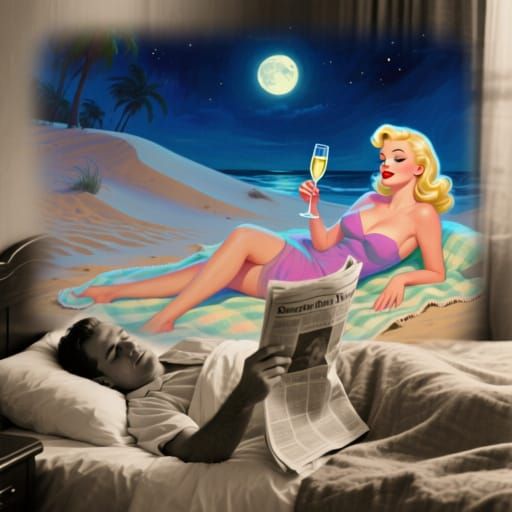 Dreamy Beach Pinup Superimposed on Sepia Bedroom Scene