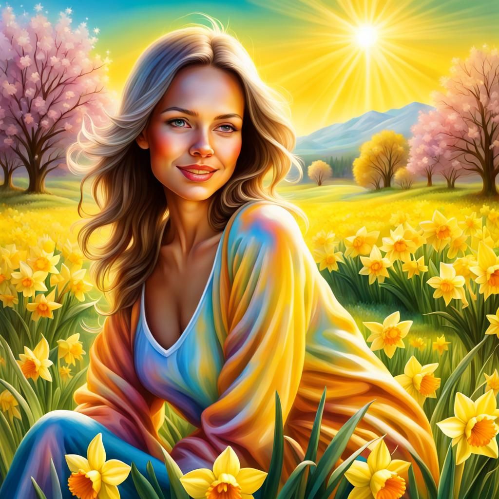 Daffodil Woman in Sunny Meadow: Airbrush Art