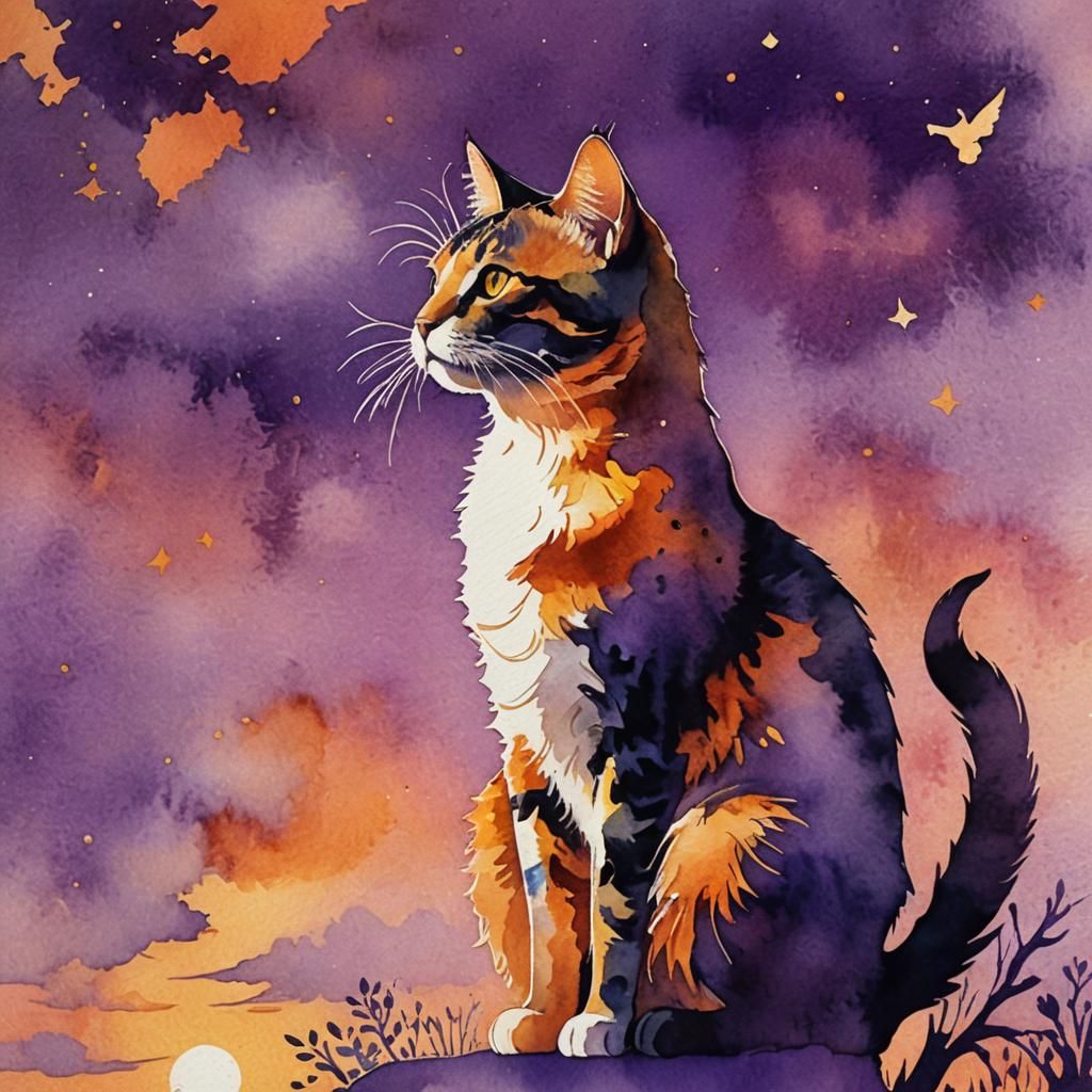 Calico Cat Silhouette in Fauvist Watercolor Style