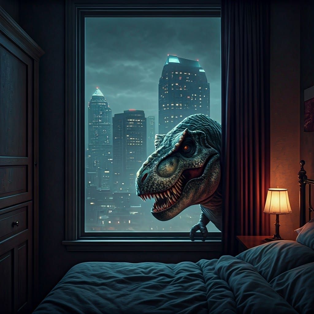 Grotesque Pinhead T-Rex Hybrid Stares Down at Midnight Citys...