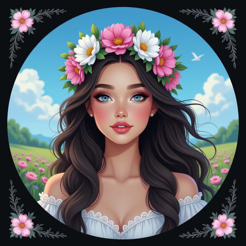 Fantasy Queen with Flower Crown in Charcoal Drawing Style