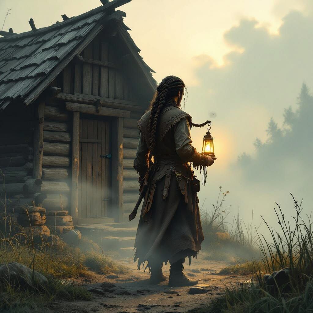 Fantasy Wanderer with Lantern Before Mystical Hut