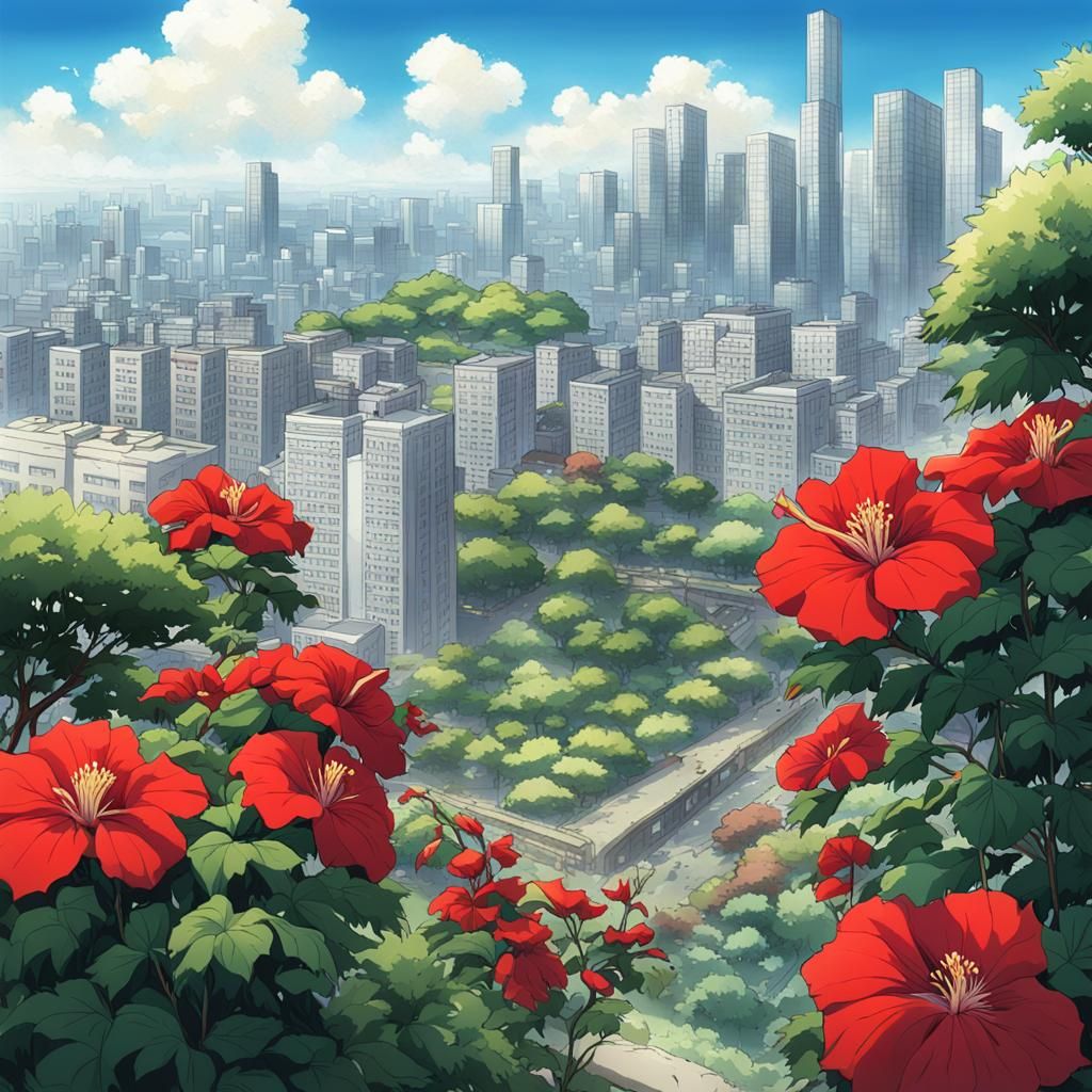 Hibiscus Bush in City Park, Anime Style