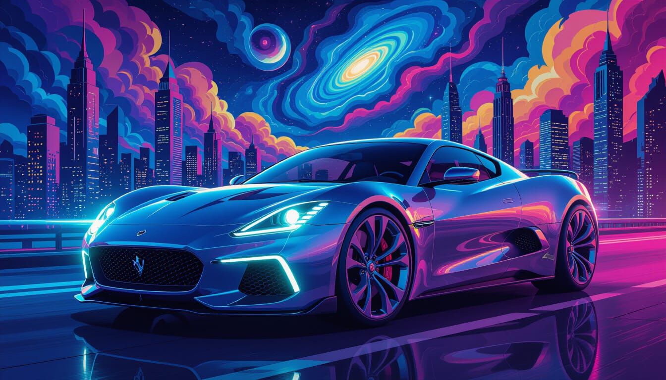 Futuristic Car as Whimsical Character in Pop Art Cityscape