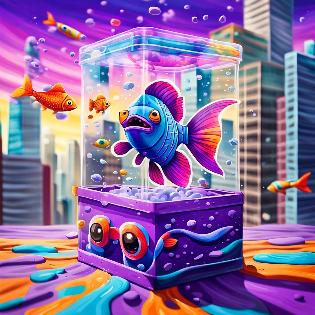 Surreal Graffiti Art: Cheering Fish in Elastic Box