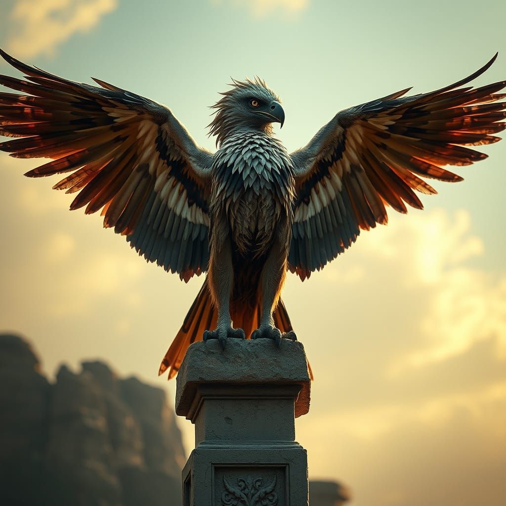 Regal Harpy Hybrid on Ancient Pedestal: Cinematic Portrait