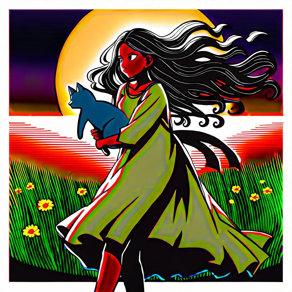 Fantasy Feline Humanoid Carries Woman Through Floral Field