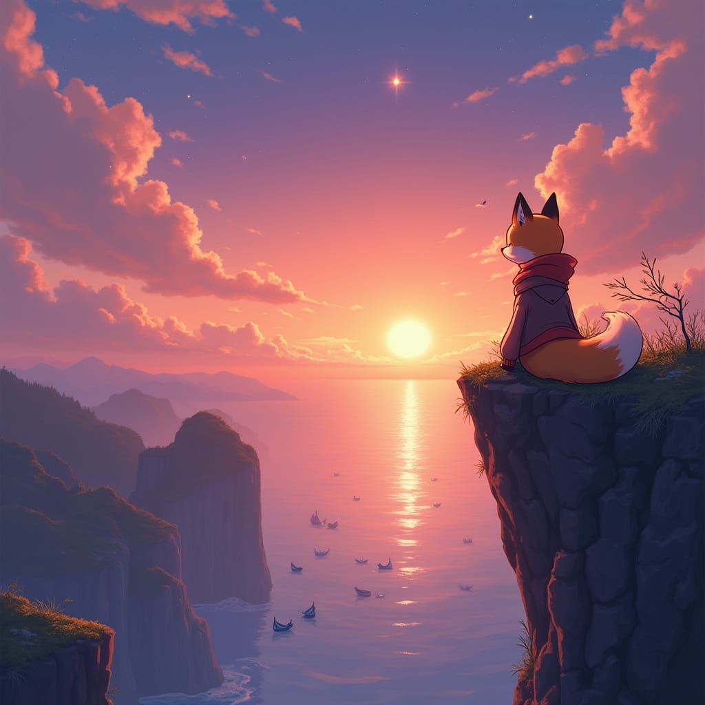 Whimsical Sunset Scene with Fox on Cliff, Inspired by Hayao ...