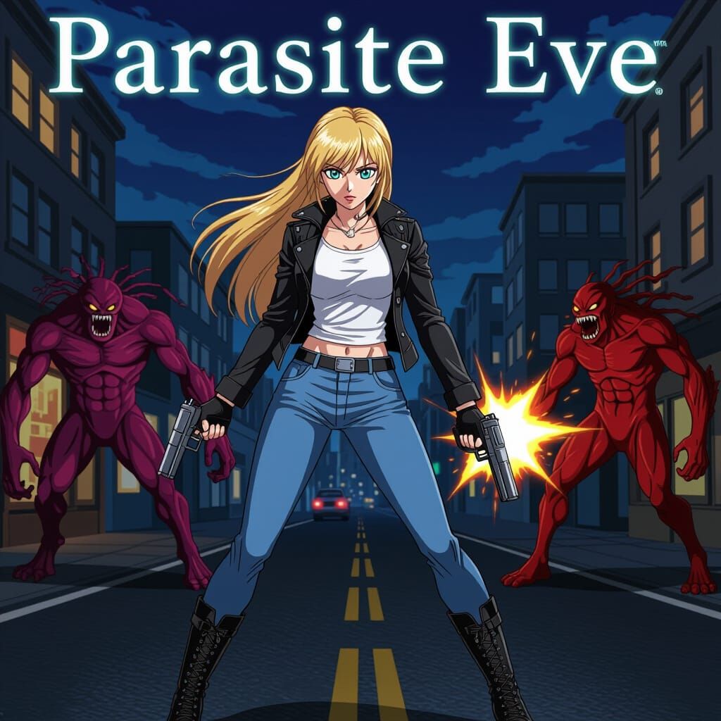 Anime Woman in Action Scene with Mutated Monsters