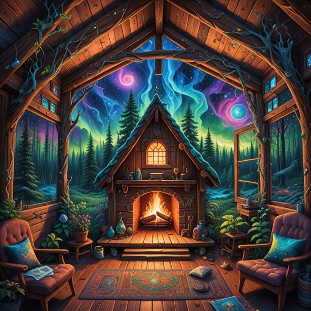 Cosmic Cabin Sanctuary with Astral Forest
