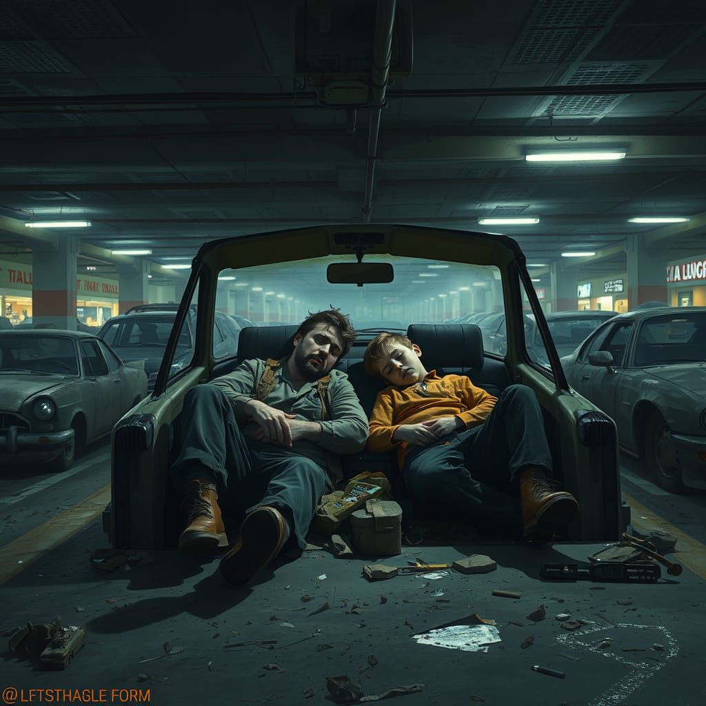 Post-Apocalyptic Father and Son in Parking Lot