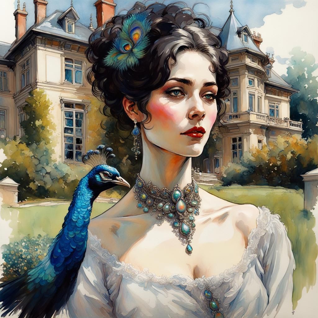 Edwardian Woman with Opal Jewelry, Ink Splash Art