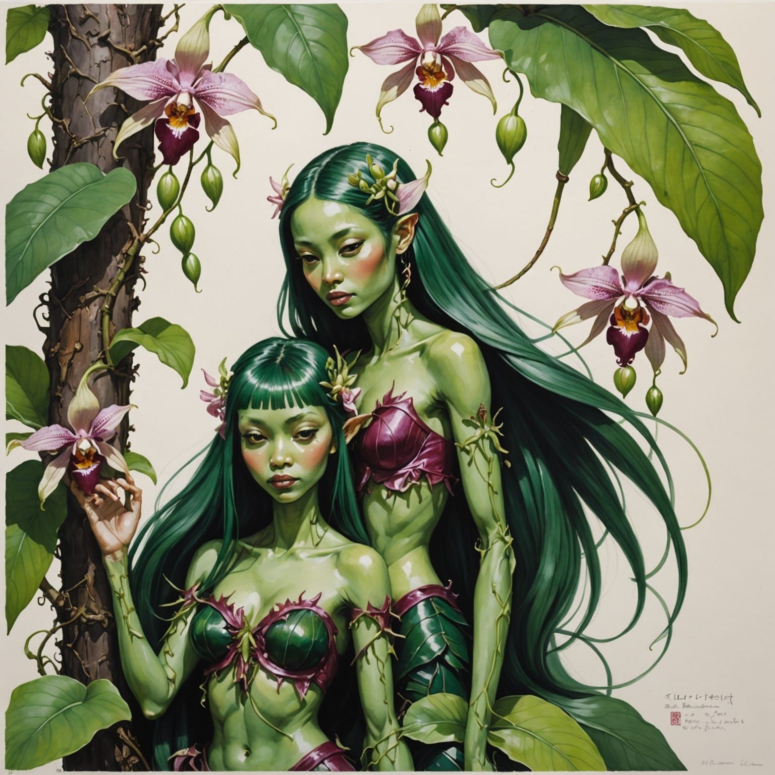 Jade Fairies in Orchid Garden: Gouache Painting