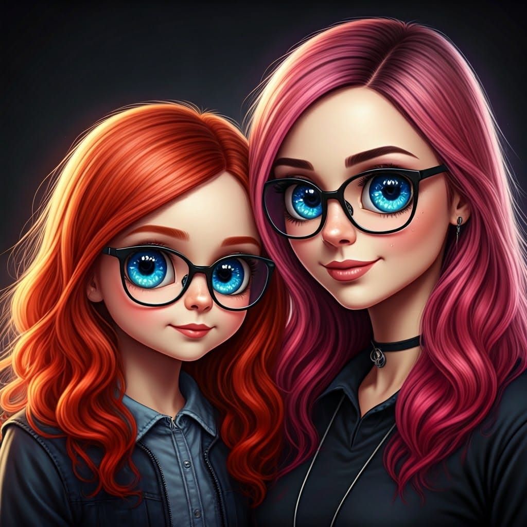 Mother and Daughter in Chibi Style with Bright Colors and Gl...