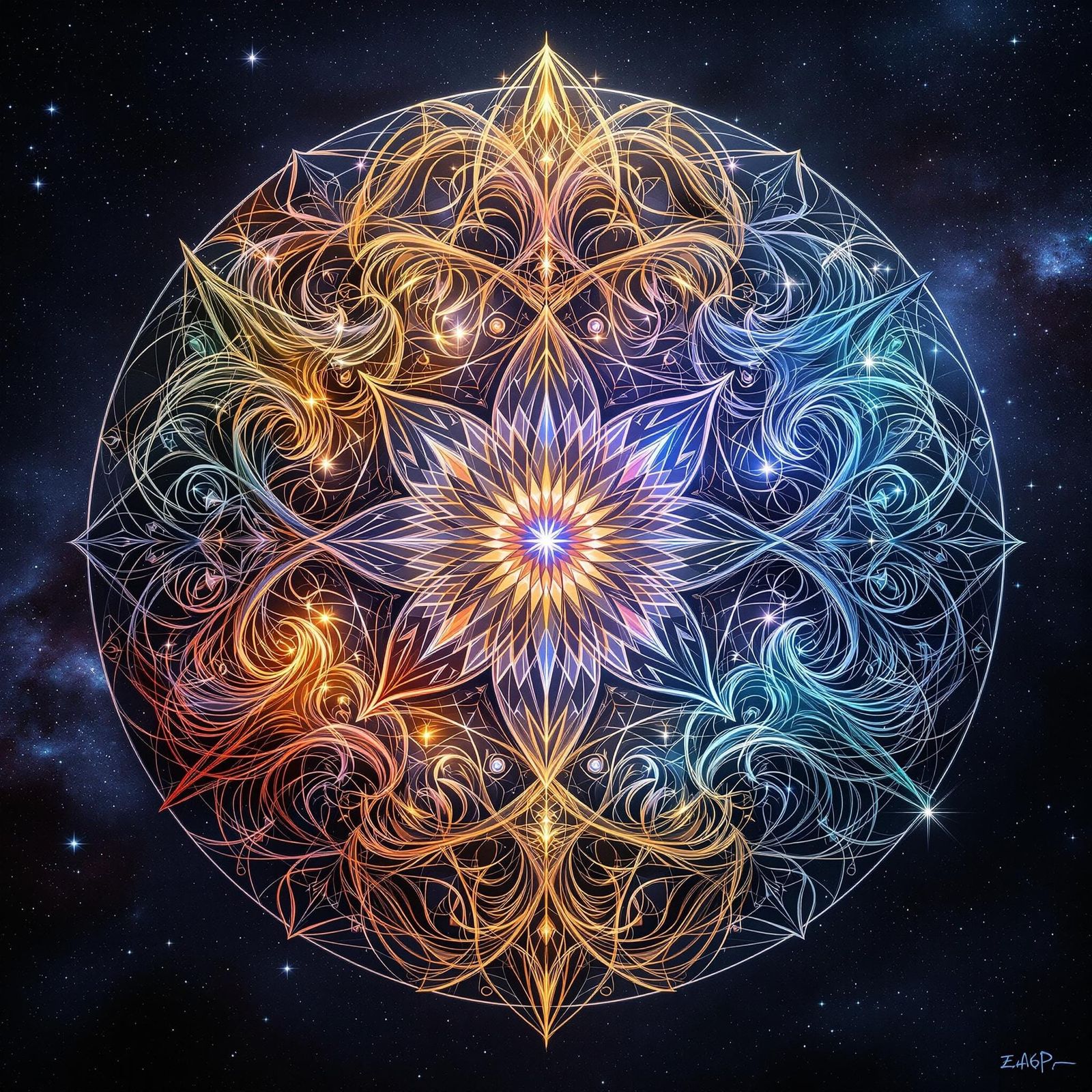 Surreal Cosmic Mandala Embodies Harmony of Earth, Wind, Fire...