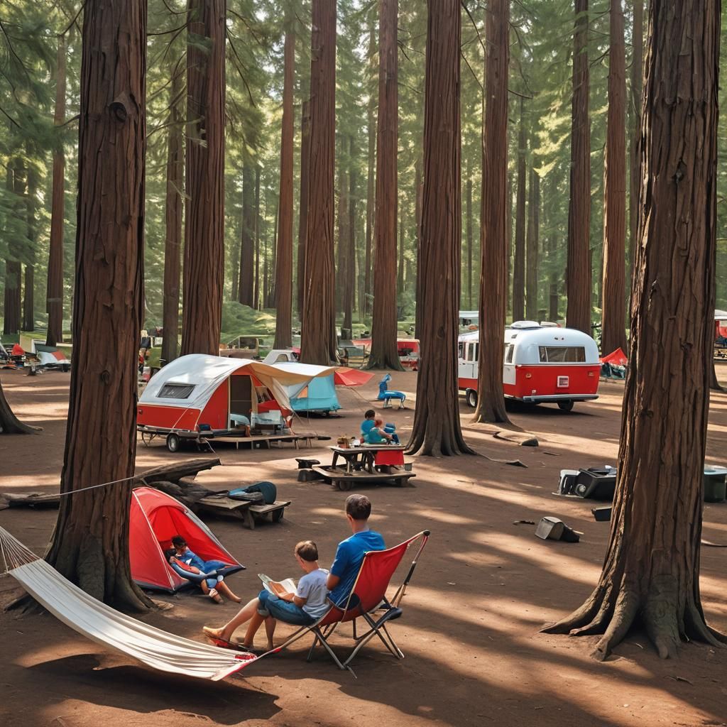 Retro Camper in Redwood Forest, Neo-Impressionist Style