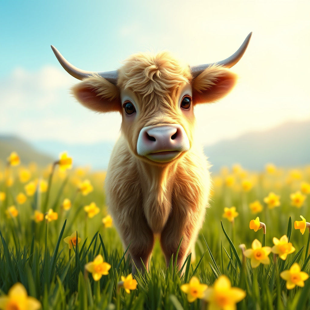 Fluffy Highland Cow in Daffodil Field, Pixar Style