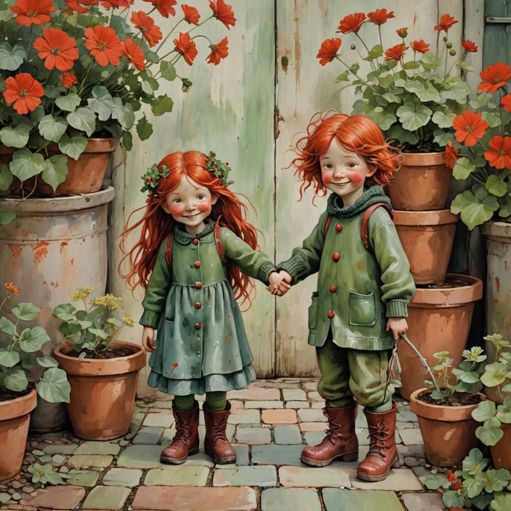 Whimsical Children with Red Geraniums in Pastel Shades