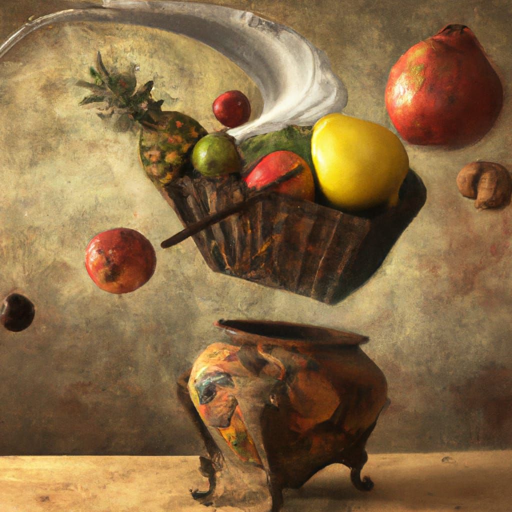 Surreal Exploding Fruit Basket: A Dali-esque Oil Painting
