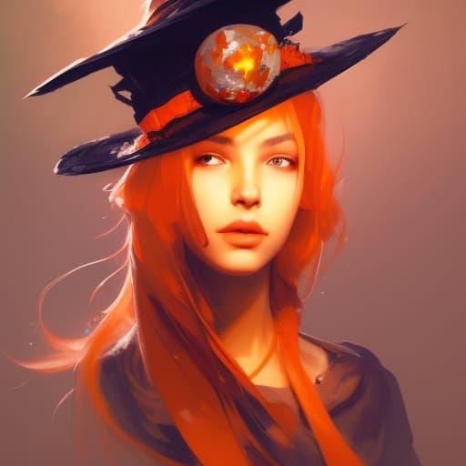 Orange Witch Hat Portrait in Art Nouveau Style