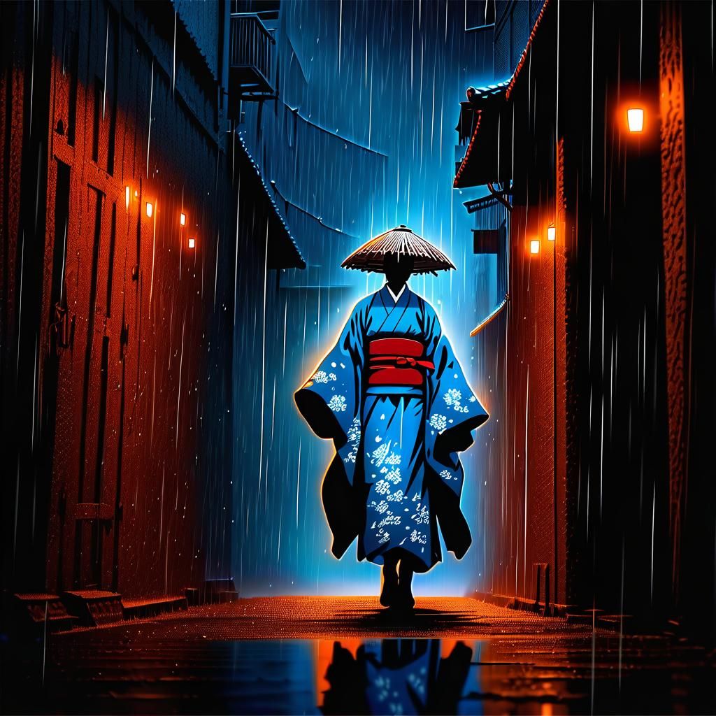 Samurai in Blue Kimono: Anime Art Style