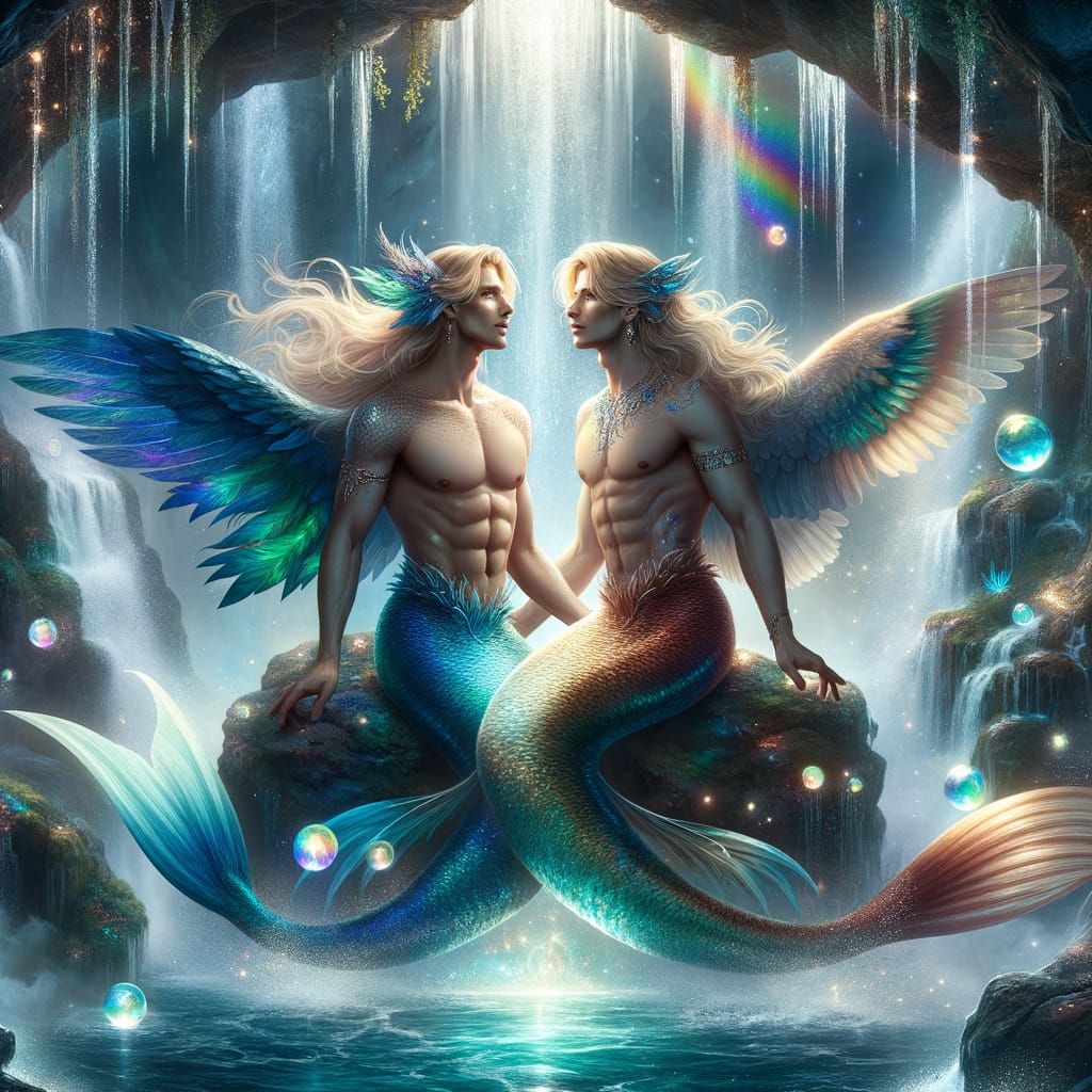 Romantic Grotto Scene with Mermen in Fantasycore Style