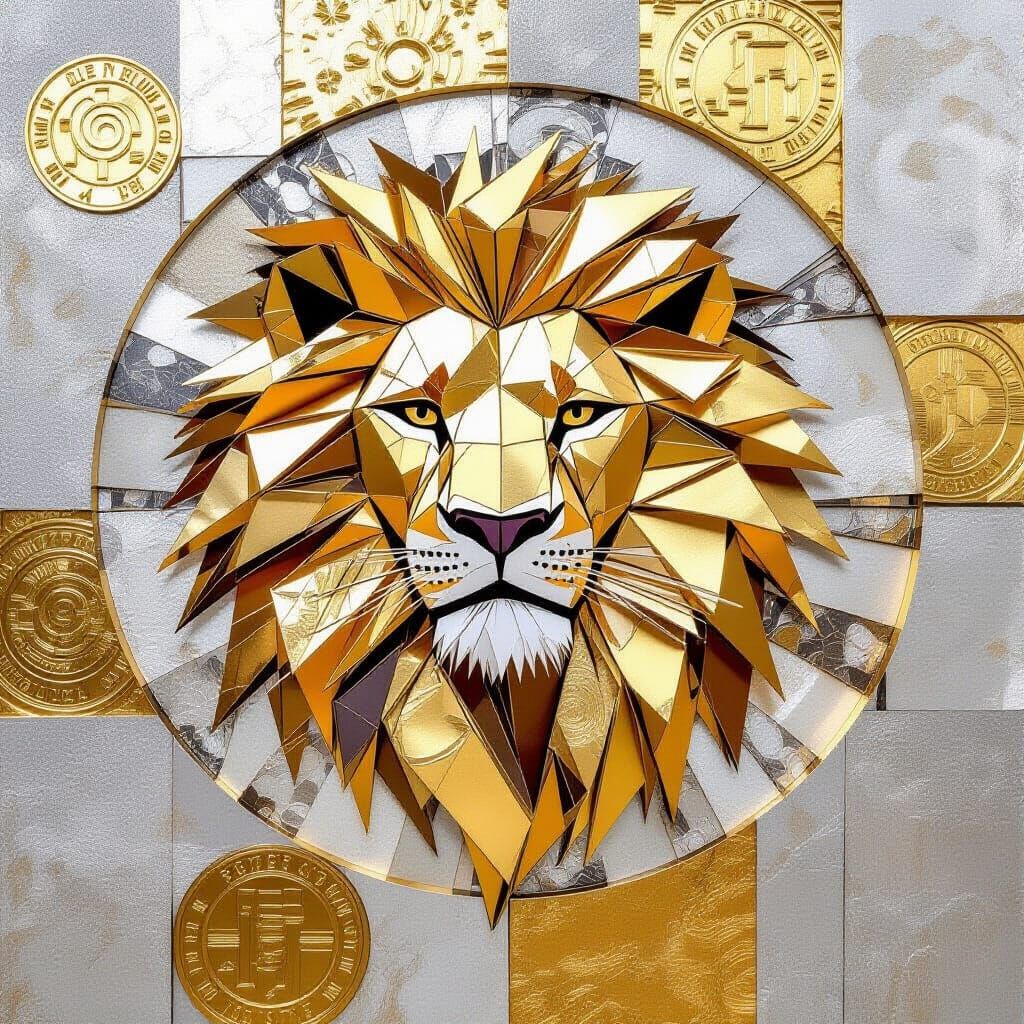 Origami Lion in Abstract Gold Coin Art