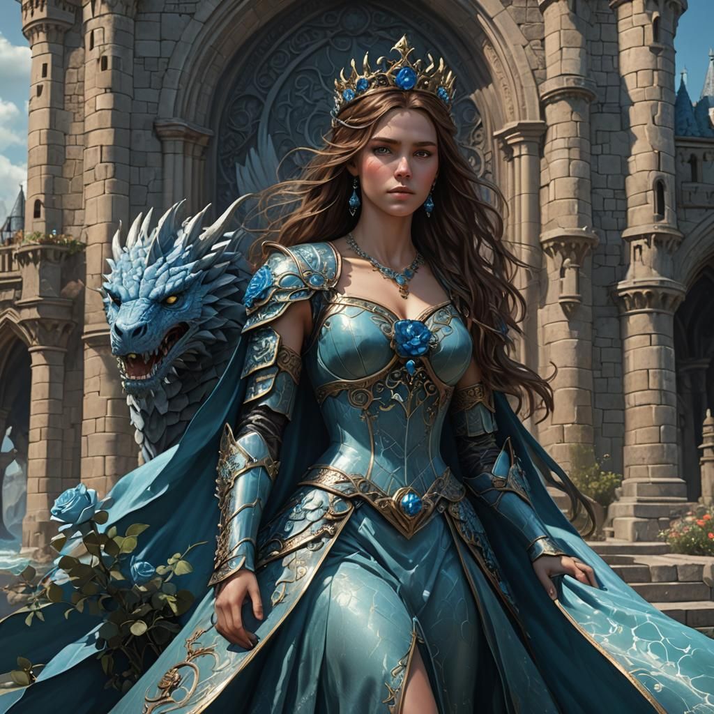 Medieval Princess with Dragon and Seaside Castle