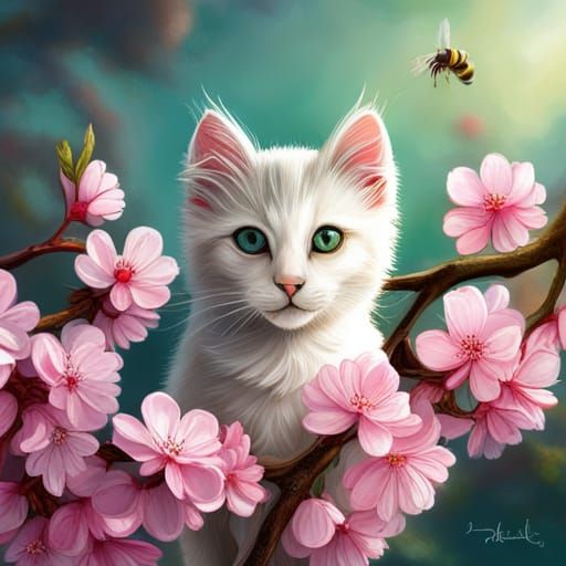 White Kitten in Cherry Blossoms: Hyperrealistic Splash Art