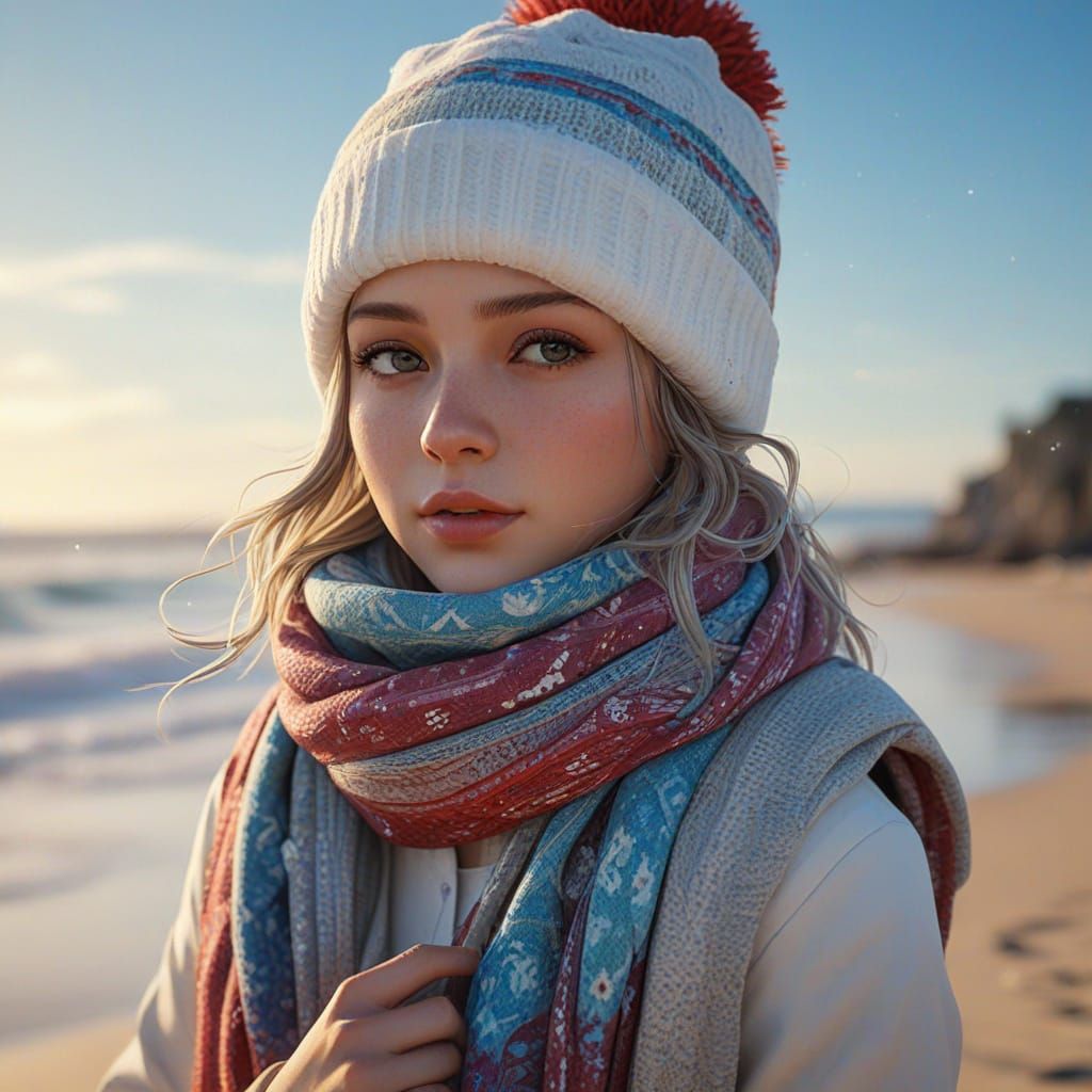 Chibi Snowgirl on Snowy Beach, Photorealistic Concept Art