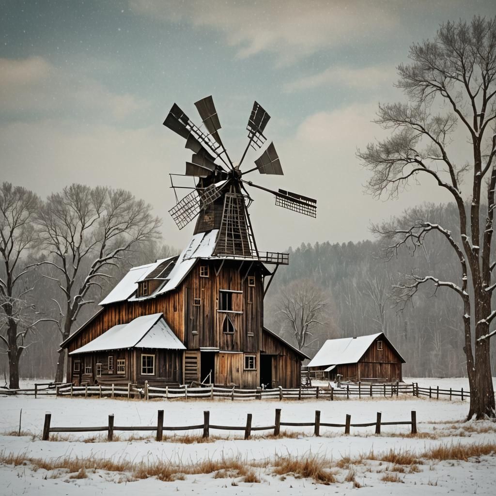Winter Scene: Vintage Windmill and Rustic Barn
