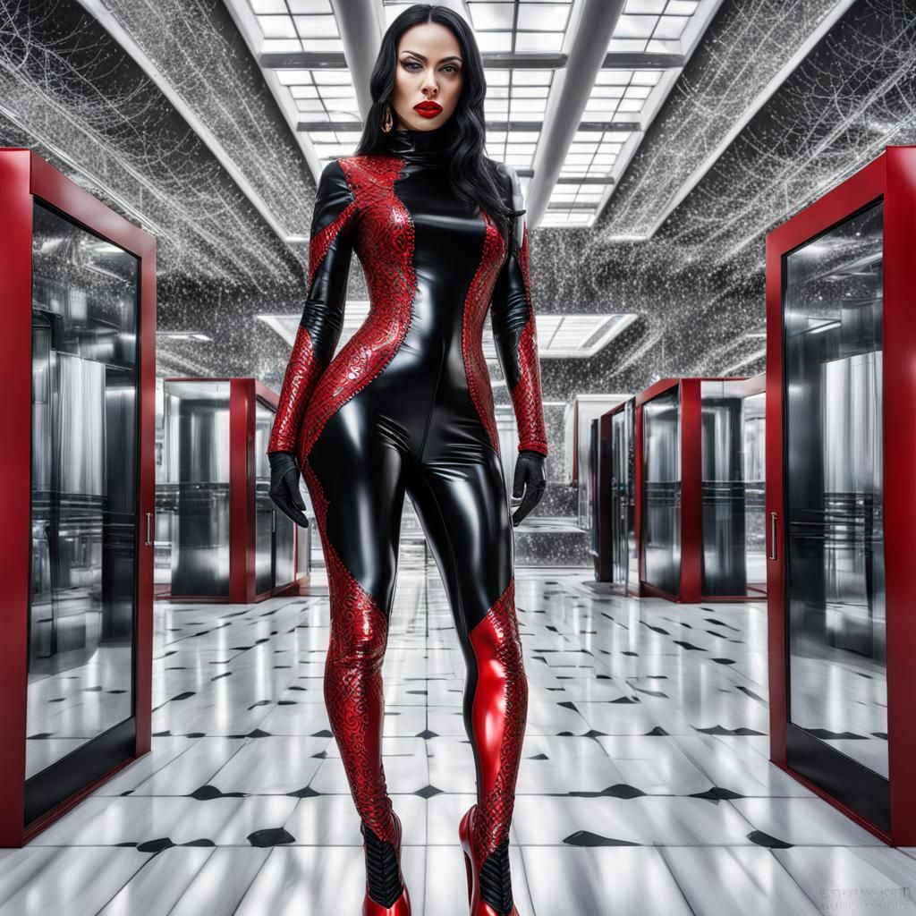 Hyperrealistic full body picture of a standing beautiful woman wearing intricately detailed red and black colorful latex...