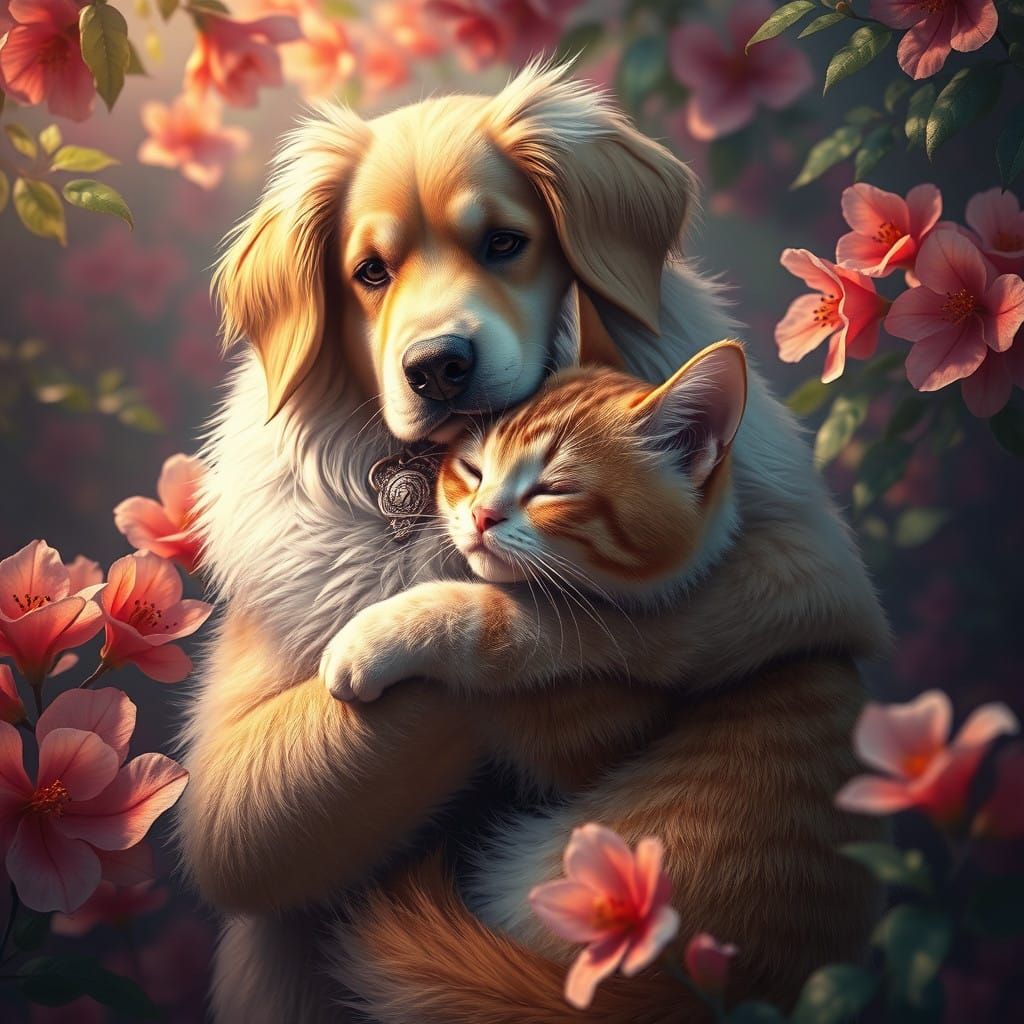 Majestic Canine and Feline Friends in Whimsical Wonderland