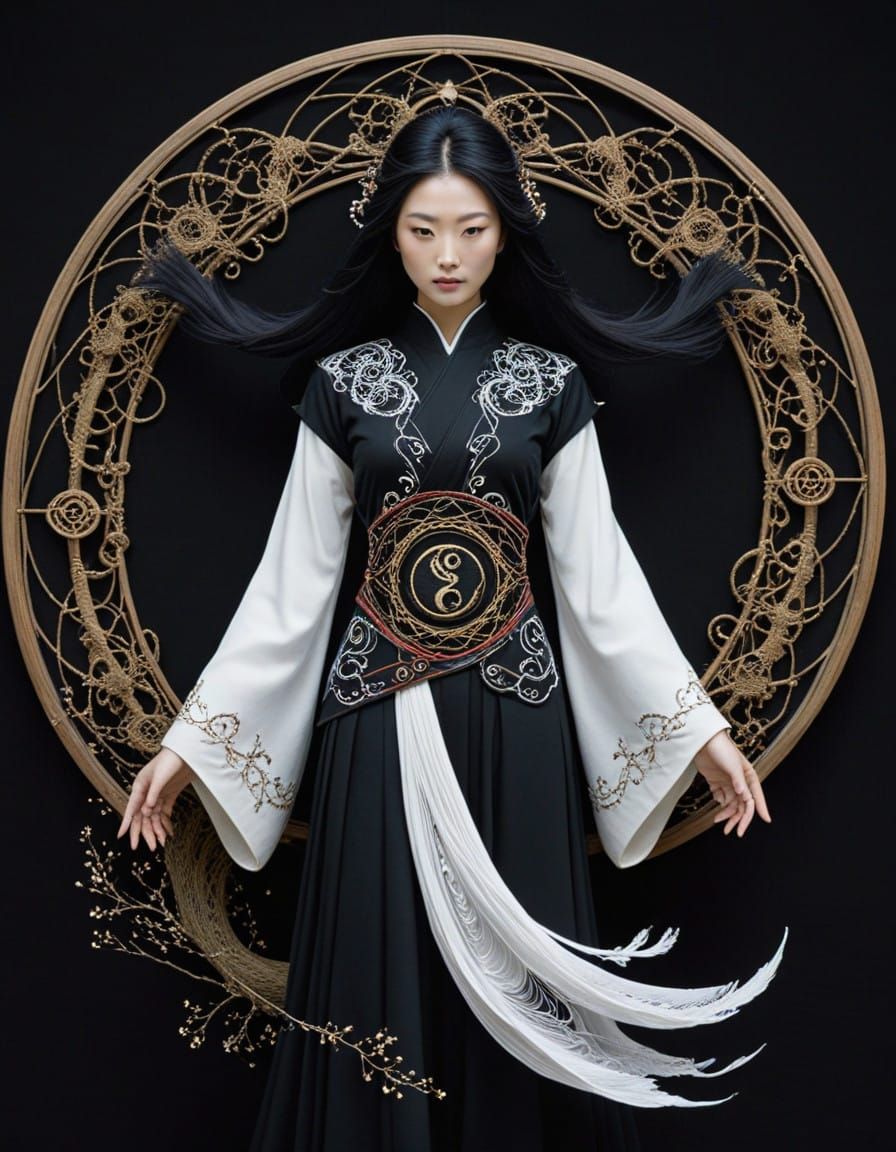 Eiko Ishioka. portrait full-body. Ancient arcane Cultist. merged, molecule. yin-yang, flowing needlework.