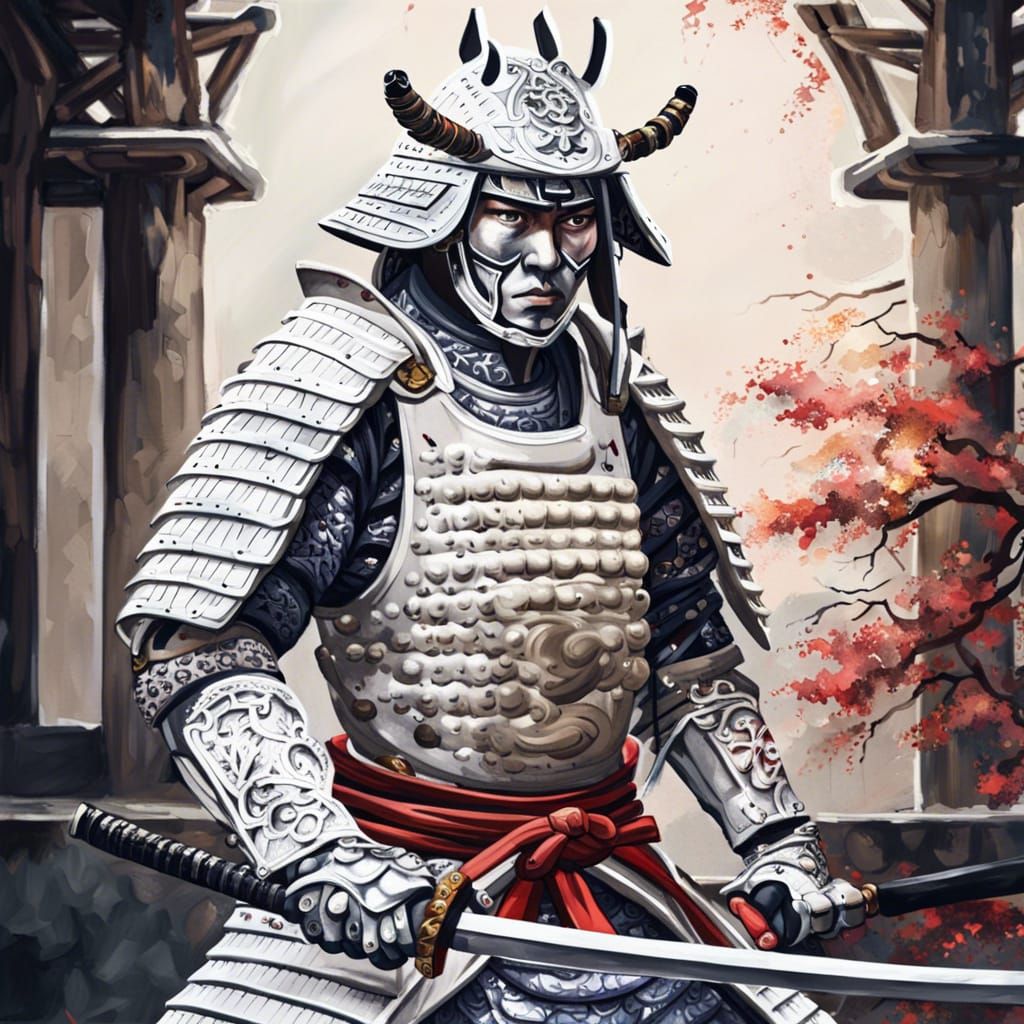Samurai in White Armor with Katana: Hyperrealistic Castle Sc...