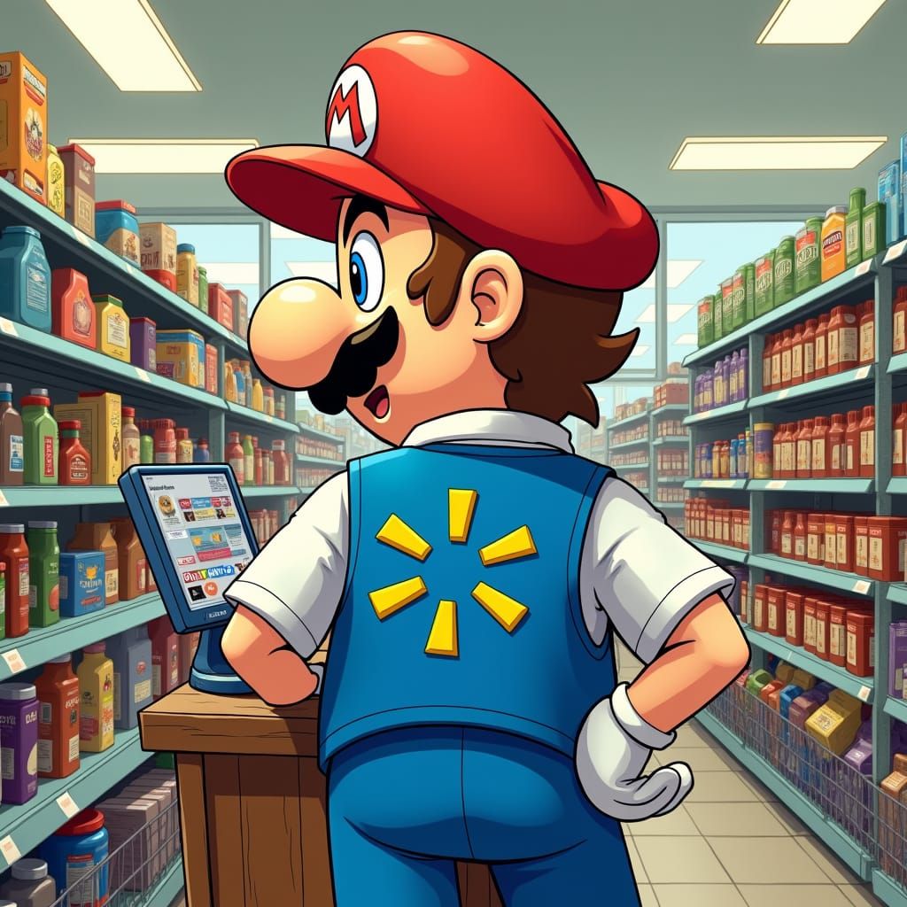 Mario as Wal-Mart Employee in Whimsical Style
