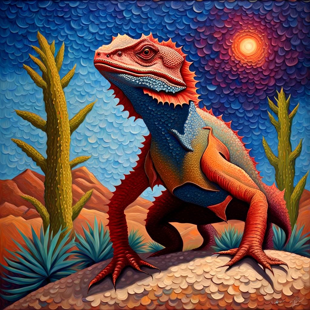 Frilled-Neck Lizard in Starry Desert, Impasto Oil Painting