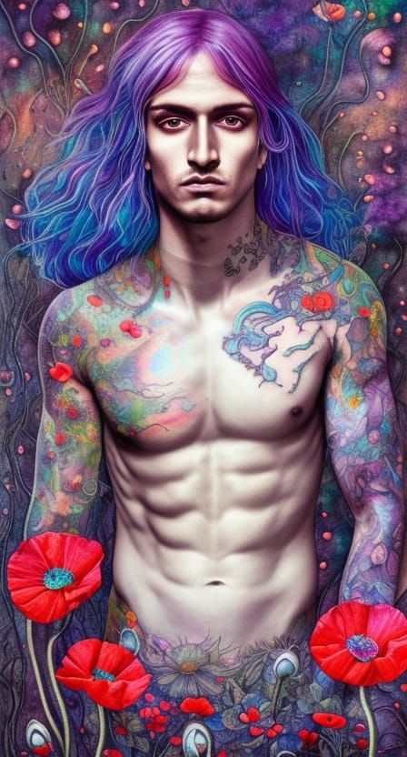 Colorful long-haired tattooed athletic shirtless man amongst poppy flowers