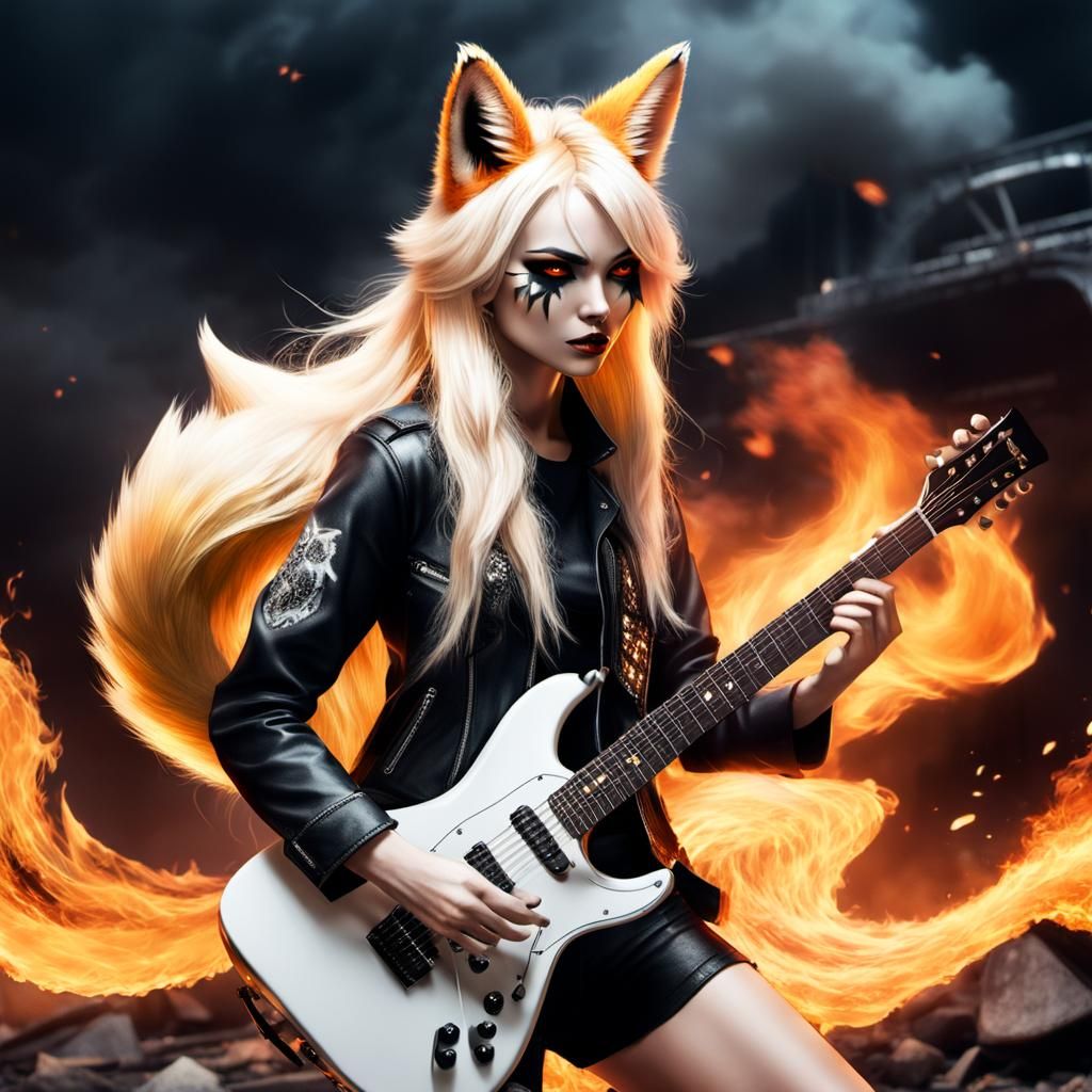 A kumiho girl as a metalhead playing on a guitar