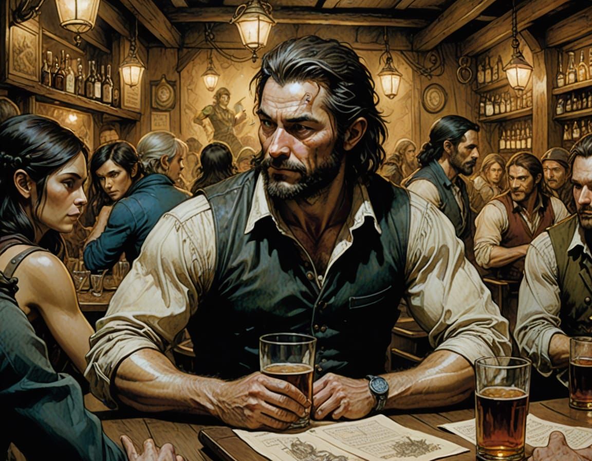 Cyberpunk Bard in a Bustling Dystopian Tavern