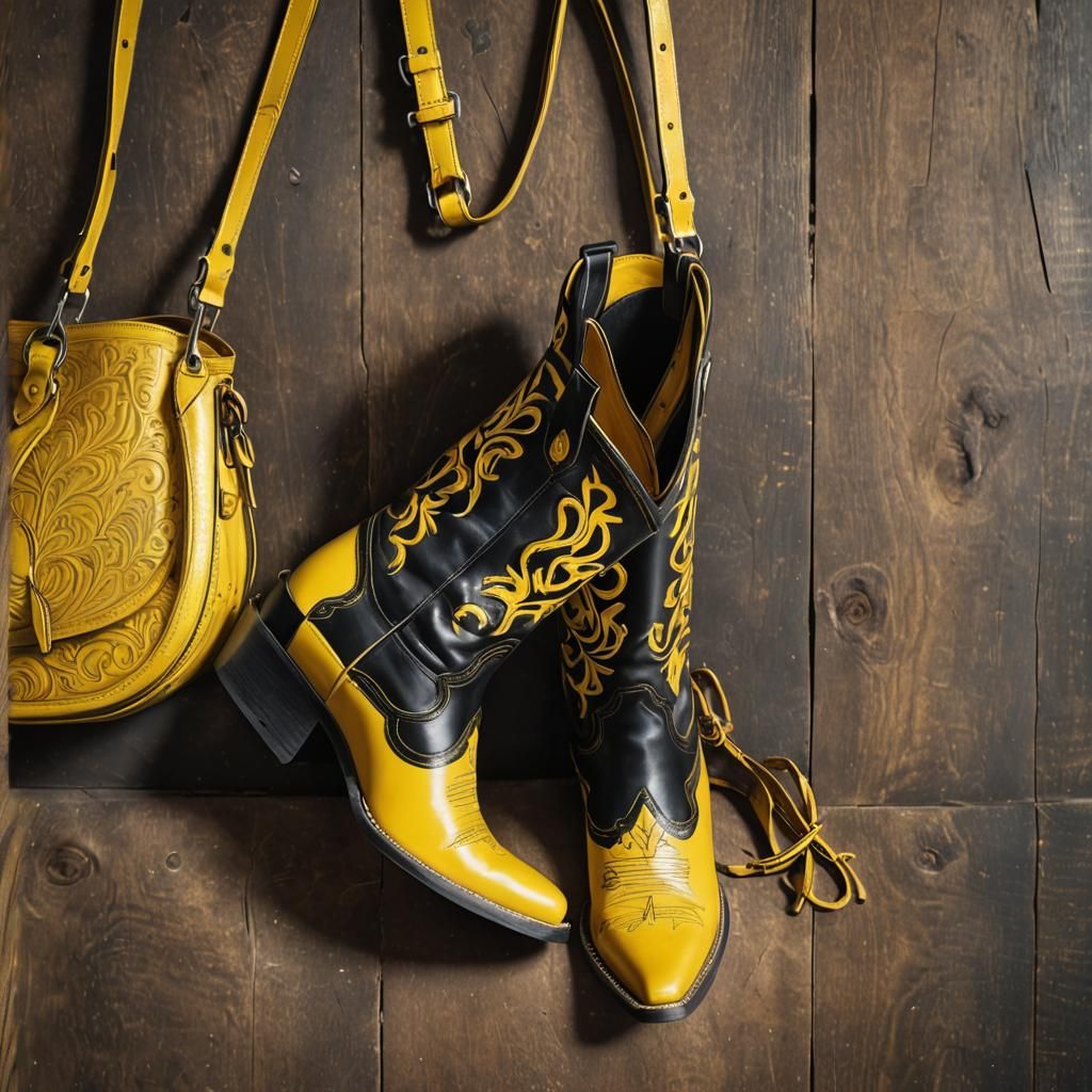 Hyperrealistic Cowboy Boots and Handbag in Bold Colors