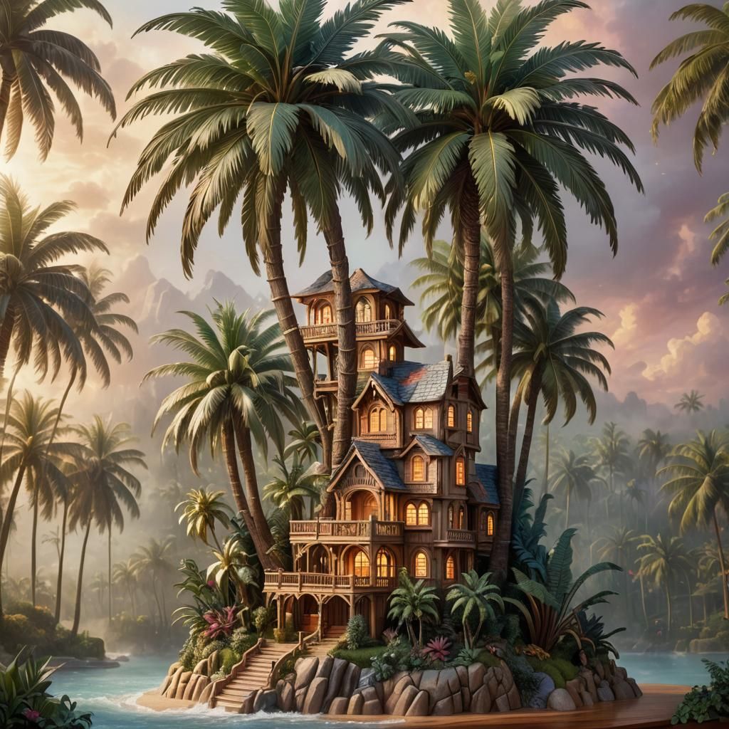 Detailed Wooden Palm Tree Sculpture in Hyperrealism