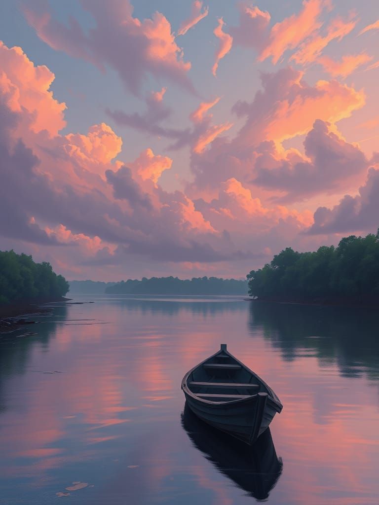 Twilight River Scene in Dreamy, Textured Style