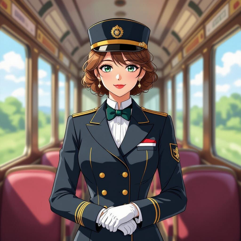 Elegant Ticket Collector on Luxury Train in Anime Style