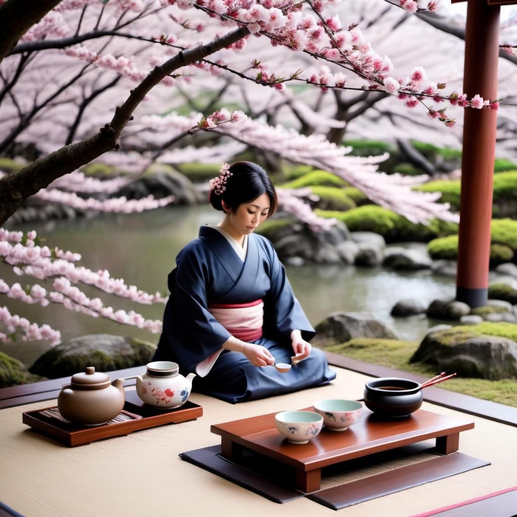 Japanese Tea Ceremony Under Cherry Blossoms