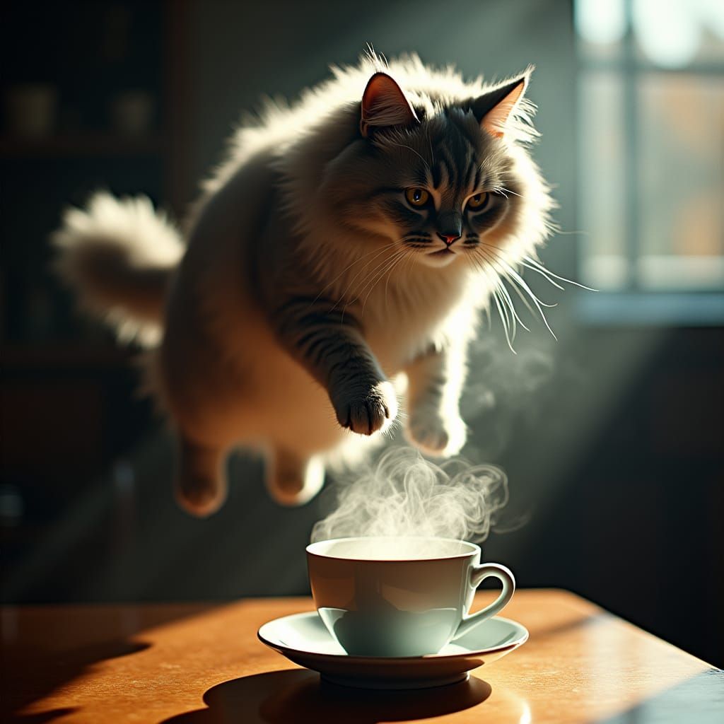 Cat Leap of Faith Over Steaming Coffee Cup