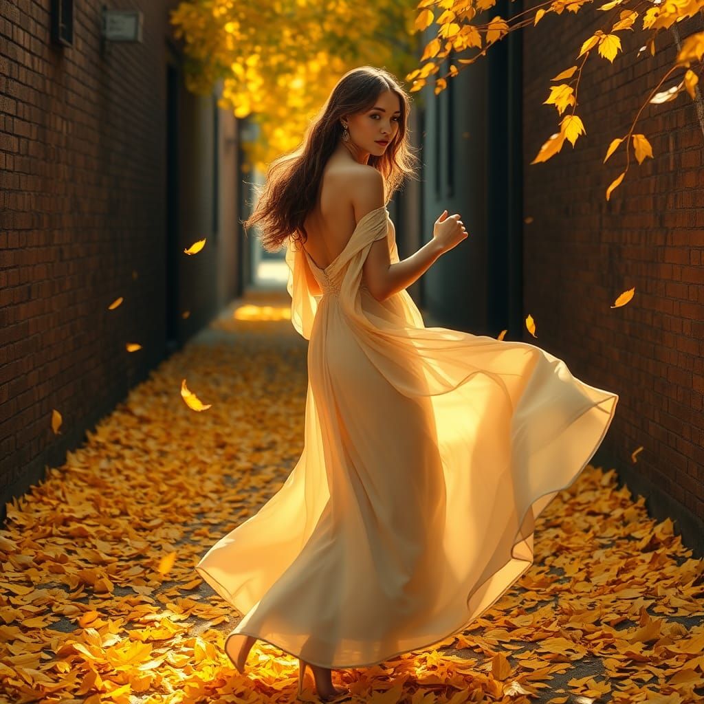 Ethereal Woman Dances Boston Waltz in Autumn Alley